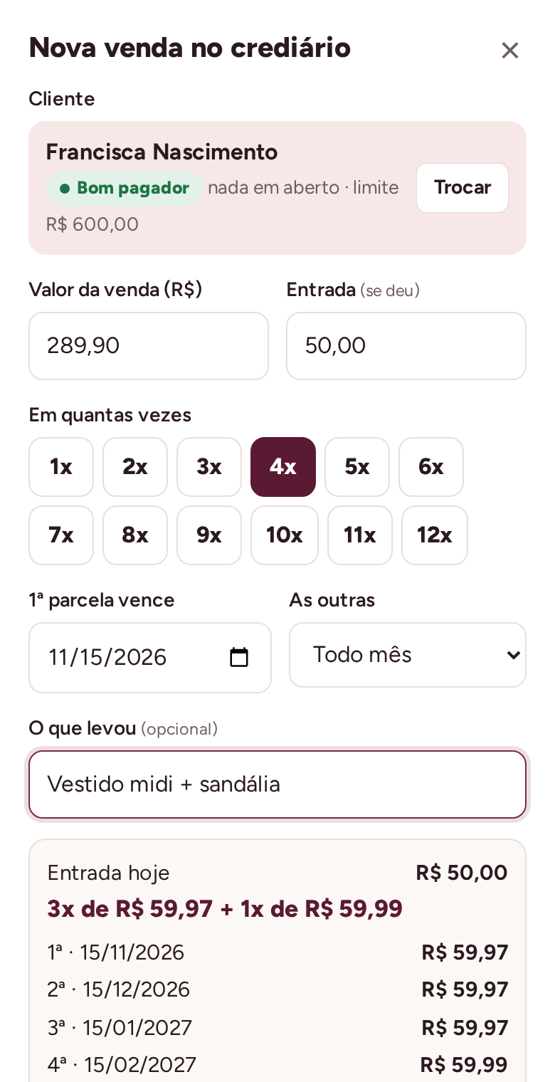 Tela de nova venda: cliente, valor, entrada e parcelas